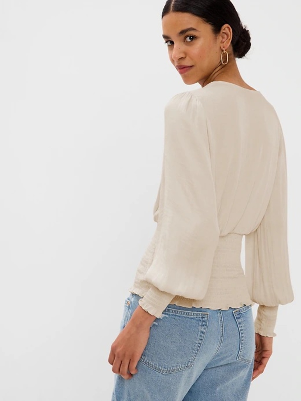 Gap Balloon Sleeve Smocked Waist Blouse | Cream | Size Large Tall | NWOT Y2K